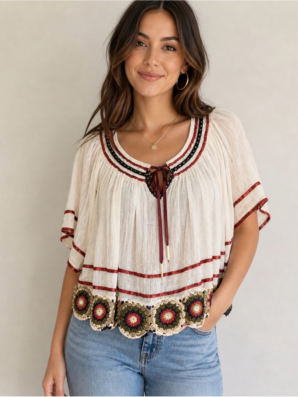 Free People Gauze Crochet Peasant Blouse Ivory XS Boho Festival Flare Sleeve Top